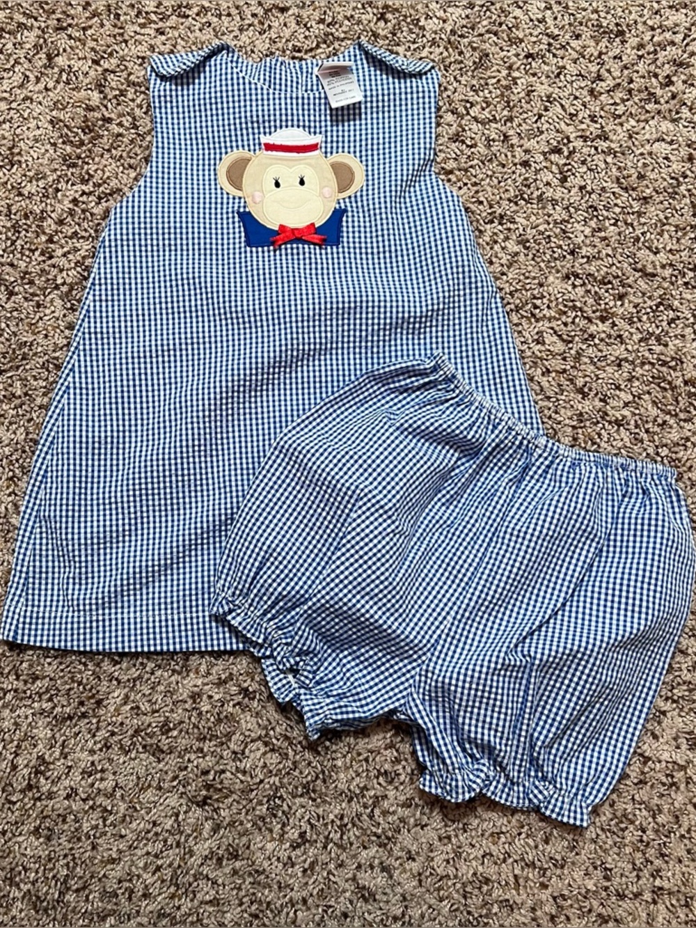 ZU Blue Gingham Girls Dress & Bloomers with Monkey Appliqué Size 24